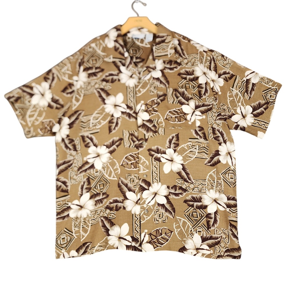Island Shores Mens XL Brown Tropical Hibiscus Floral Camp Aloha Shirt RN 101760